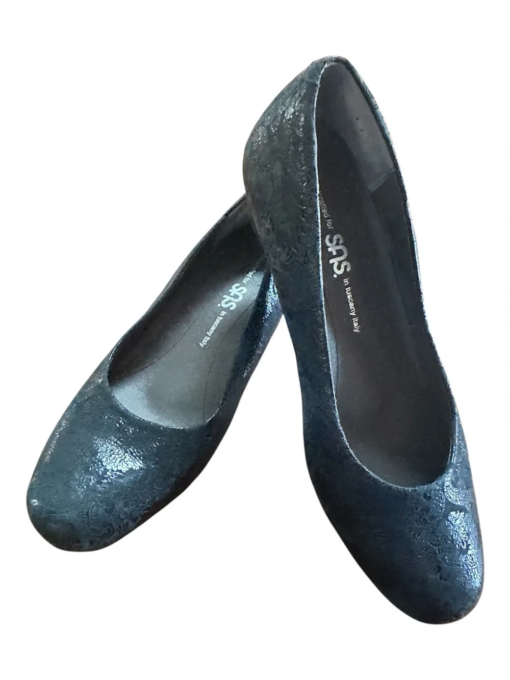 SAS Women’s Navy Embossed Leather Wedge Slip Ons